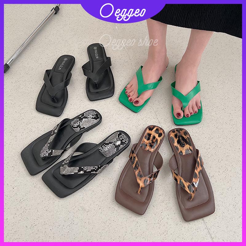 Oeggeo shop Giày Lười Đế Bằng Mũi Vuông Họa Tiết Da Báo Dành Cho Nữ