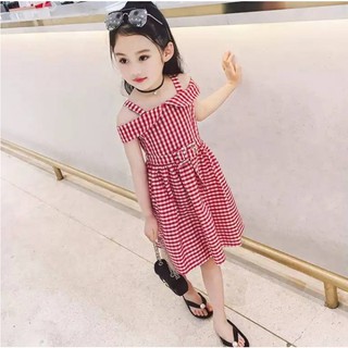 Váy công chúa bé gái 💖FREESHIP💖 Váy công chúa cao cấp kẻ caro, hở vai, cổ lá sen, eo thắt dây đai phong cách Hàn Quốc