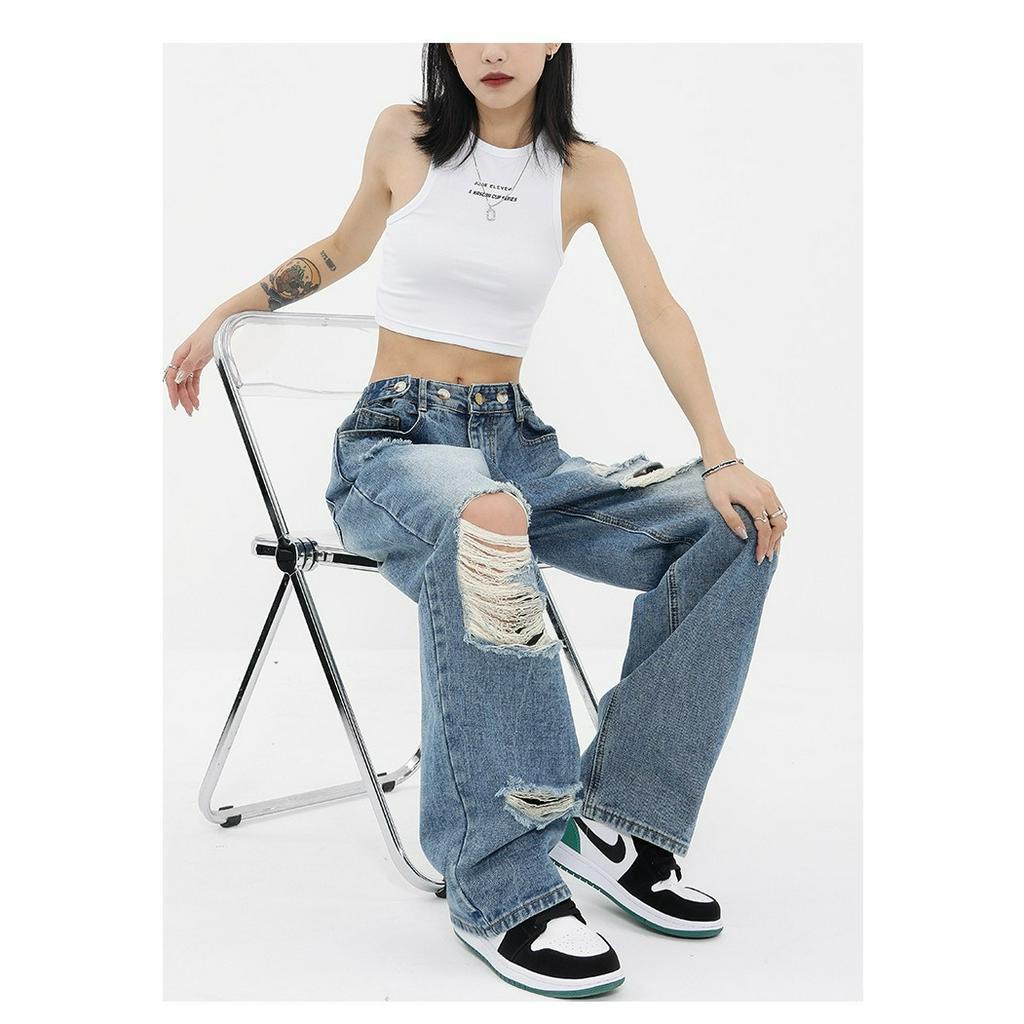 Quần Jean Ống Rộng Rách Gối Màu Gradient Thời Trang Xuân Hè Mới Cho Nữ