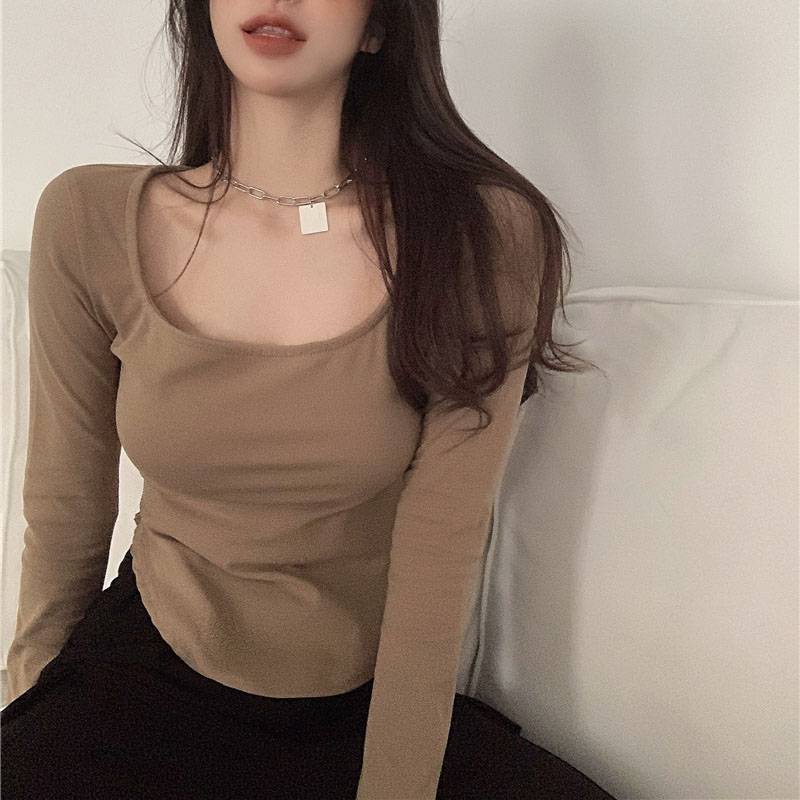 Áo thun tay dài cổ chữ U dáng ôm thời trang Hàn Quốc cho nữ