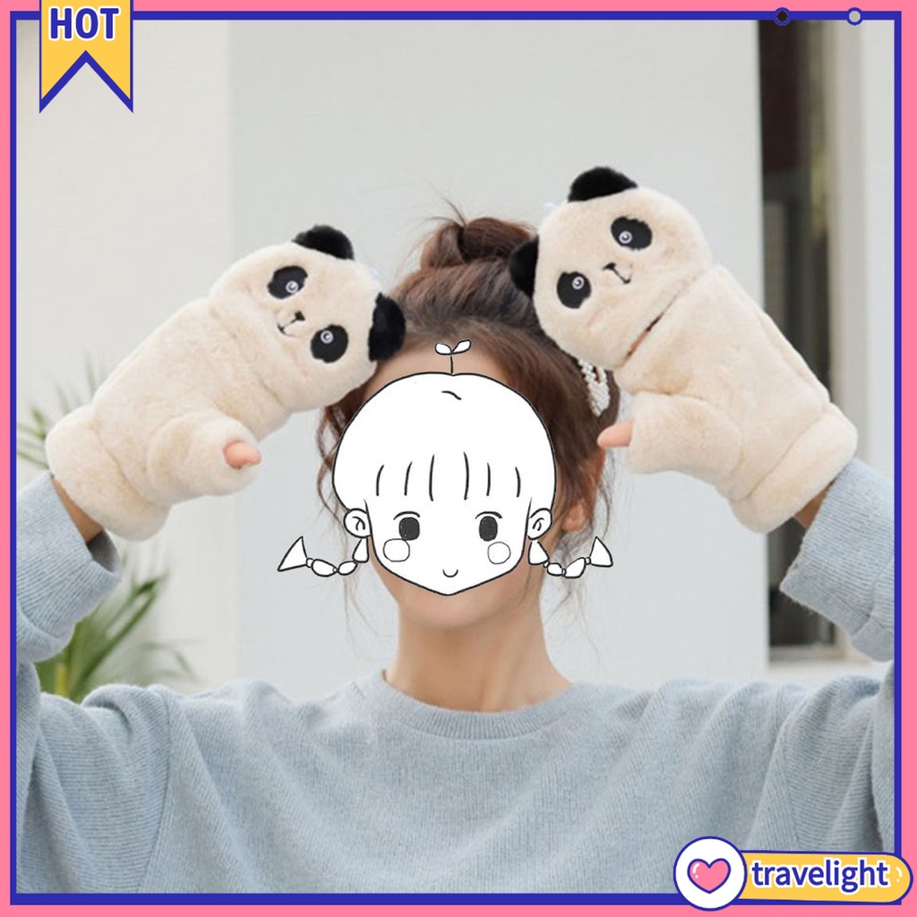 (Travelight) Găng tay lông hình gấu trúc hoạt hình dễ thương cho nữ