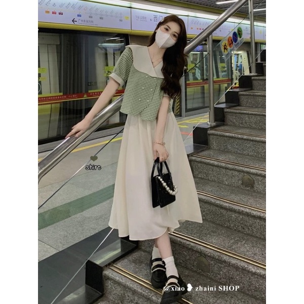 Set áo sơ mi kẻ caro xanh kèm chân váy dài - order