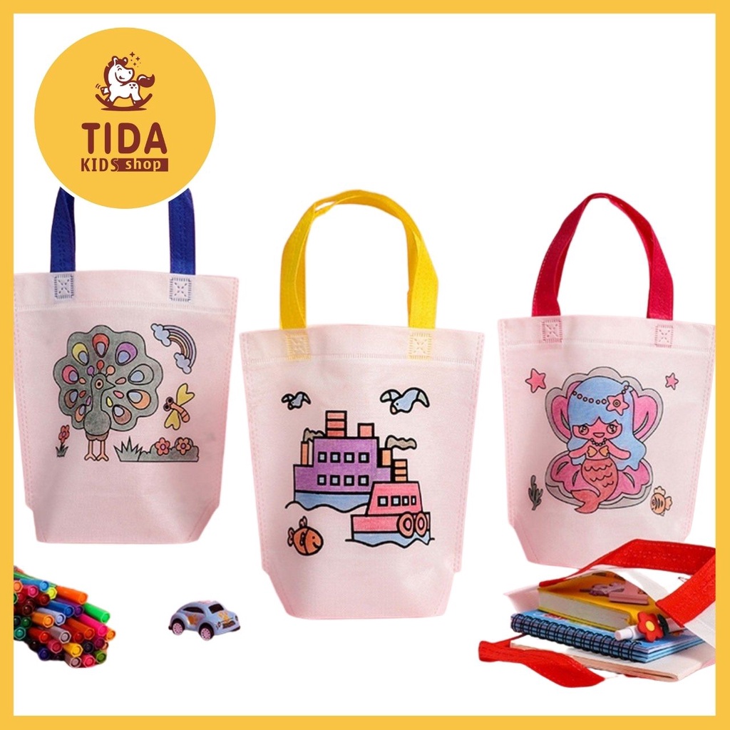 Set Túi Tote ⚡️HOT TREND ⚡️ Kèm Bút Lông Trang Trí 6 Màu, Túi 37*22cm Dễ Thương, Văn Phòng Phẩm TiDa Kids Shop