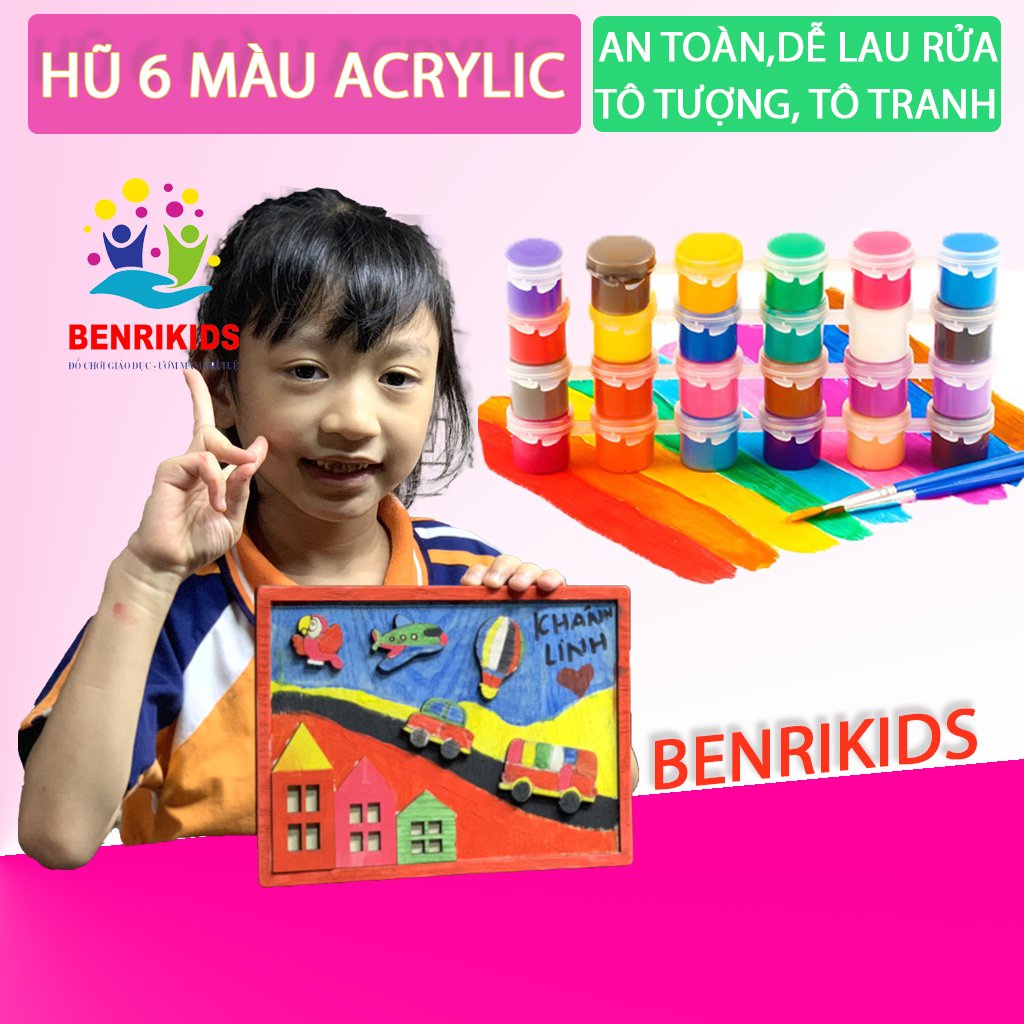 Combo 6 Màu Acrylic Mini 5ml Kèm 1 Cọ Tô Màu,Vẽ Áo, Tô Tượng, Vẽ 3D