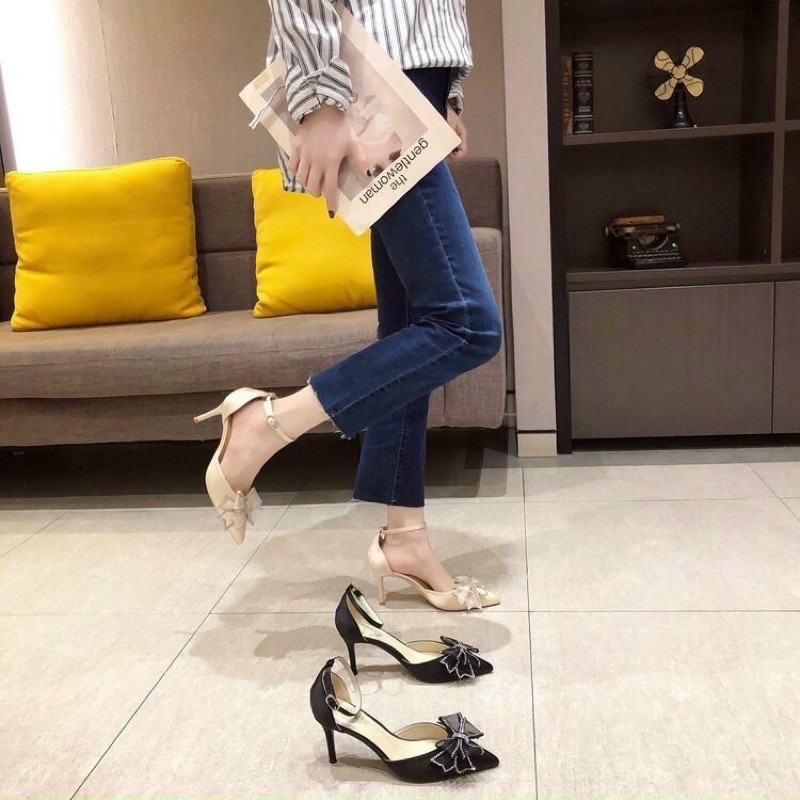 Ảnh  thật - Giầy cao gót ren nơ tiểu thư 7cm,giầy thời trang nữ cao cấp fullbox
