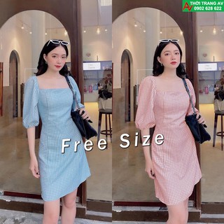 Đầm suông caro tay phồng cổ vuông xinh xắn- AV6412
