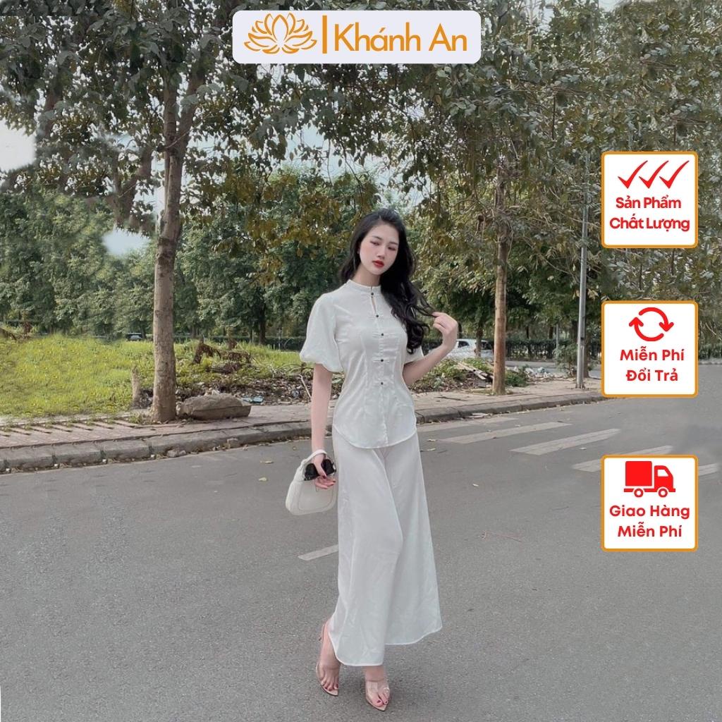 Bộ bà ba đi chùa bộ phật tử cách tân tay bồng được làm từ lụa ngọc trai cao cấp