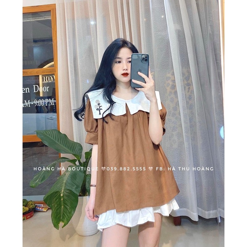 Áo nữ babydoll💥 𝗦𝗜𝗘̂𝗨 𝗣𝗛𝗔̂̉𝗠 𝗠𝗢̛́𝗜💥 cổ thêu hoa, màu nâu tây xinh ngất ngây