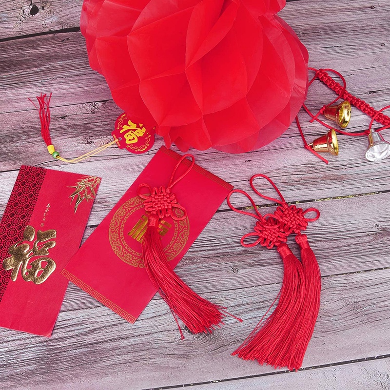 Mặt phụ kiện dây tua rua thắt nút màu đỏ phong cách Trung Hoa trang trí lễ hội mùa xuân/treo trang trí nội thất xe hơi