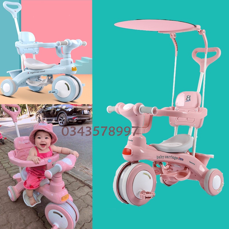 Xe Đạp 3 Bánh Có Cần Đẩy Có MÁI CHE Phát Nhạc MÀU XANH HỒNG