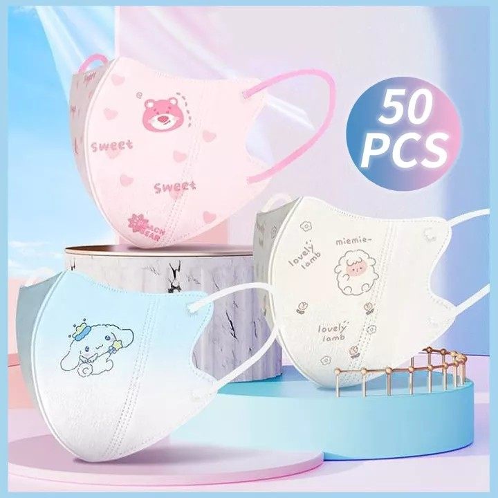 Set 10/50 Khẩu Trang 5D Chống Bụi In Họa Tiết Hoạt Hình Winnie Bear / Cừu / Cinnamoroll Cho Người Lớn