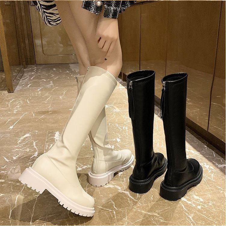 Bốt đùi cao cổ WOMENSTORY lót nỉ giày Boots nữ da PU mềm đế răng cưa 5 cm boot khóa sau thời trang mùa đông 110