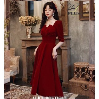 Váy nhung đỏ dáng dài tay lỡ (ảnh thật - video)