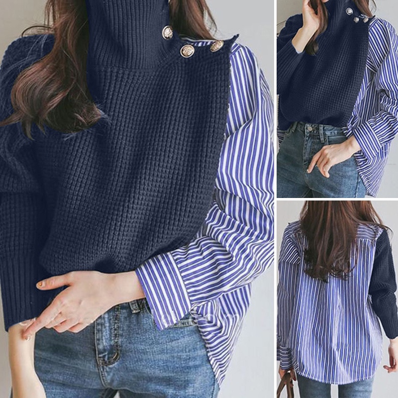 Áo kiểu ZANZEA cổ lọ phối họa tiết kẻ sọc thời trang cho nữ