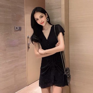 {order bigsize,40-100kg}Váy cổ V bling bling co dãn rút cv lệch