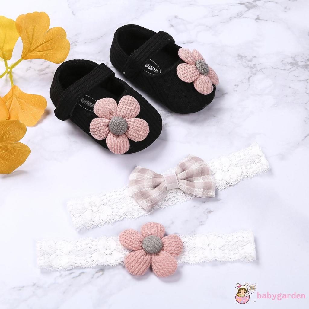 Bộ Giày Và Băng Đô Đế Mềm Họa Tiết Hoa Mary Jane Dành Cho Bé Gái