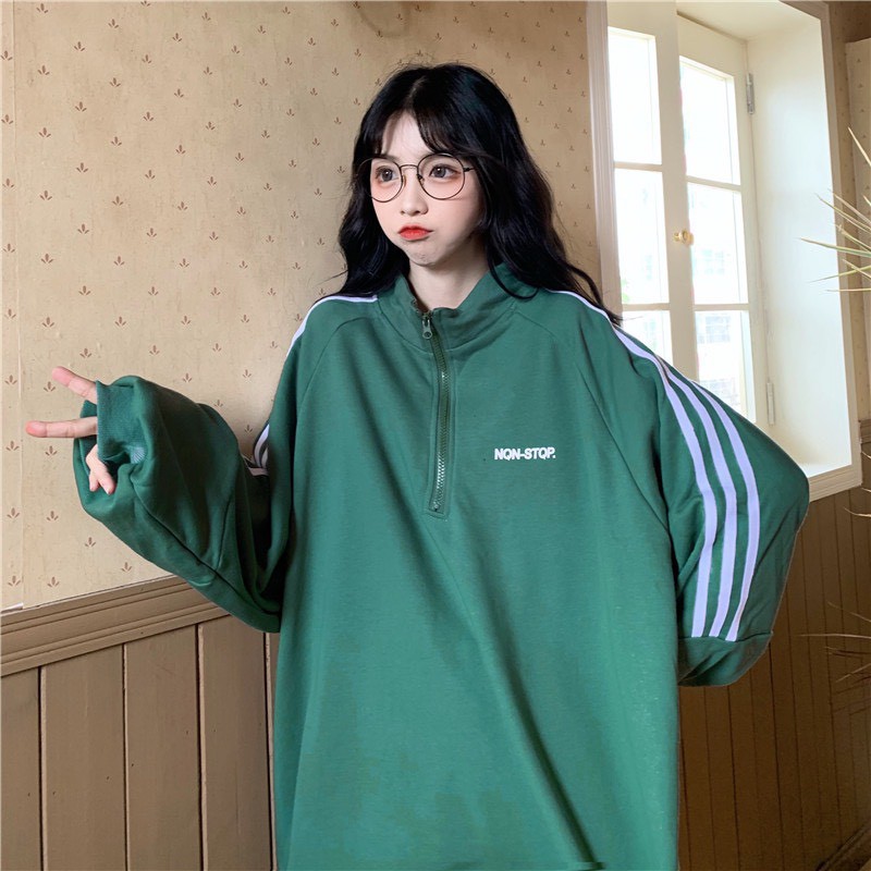 Áo sweater tay sọc phối khóa cổ Ulzzang form rộng phiên bản 2022