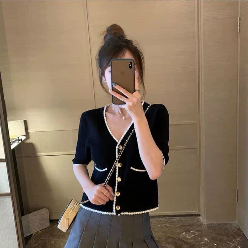 Áo croptop chất len, áo len mongtoghi mùa hè cài khuy đồng hàng Quảng Châu AL002