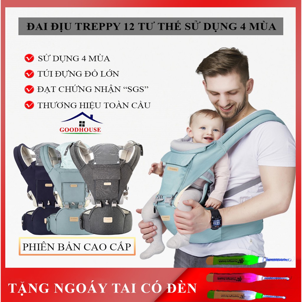 Địu em bé trợ lực có đỡ đầu, ngăn chưa đồ, bệ ngồi cho trẻ từ 0-36 tháng - Địu ngồi đa năng 12 tư thế