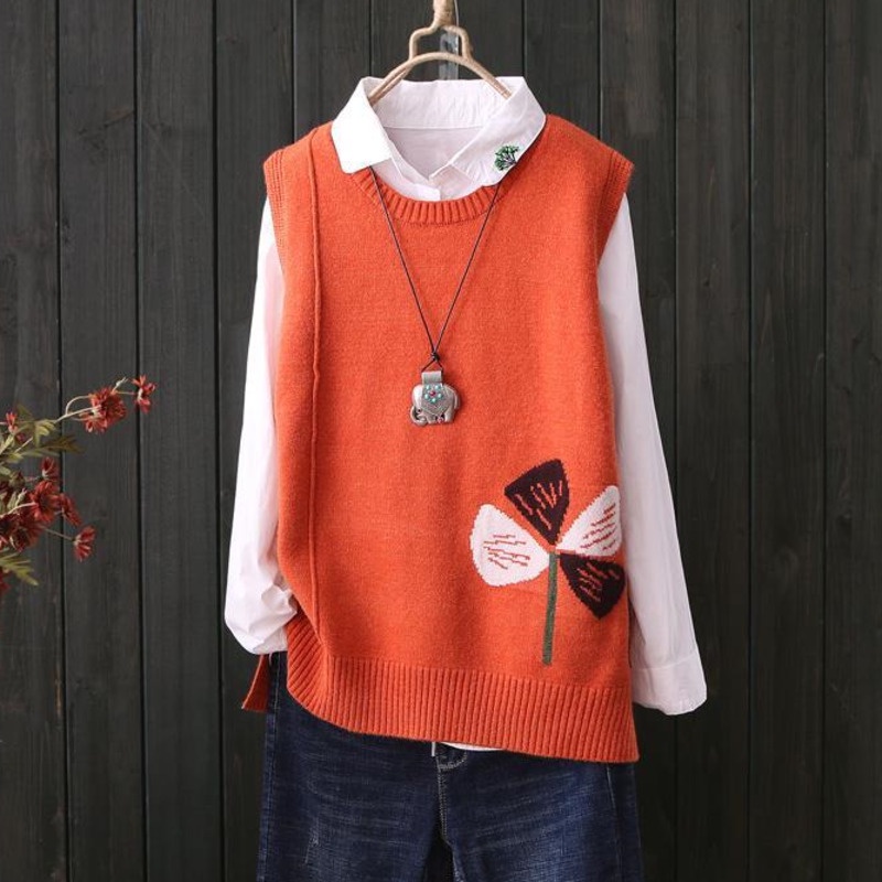 Áo Sweater Dệt Kim Không Tay Dáng Rộng Màu Sắc Tương Phản Phong Cách Retro Dành Cho Nữ