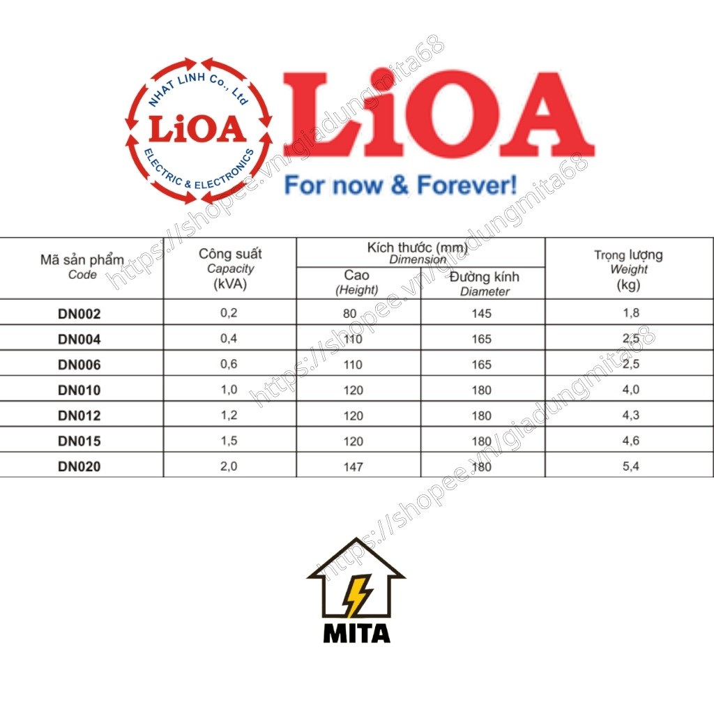 Biến áp đổi nguồn LiOA 200/400/600VA , biến áp đổi nguồn hạ áp LIOA  ( Điện Vào 220V- Điện Ra 100V/120V) - MITA