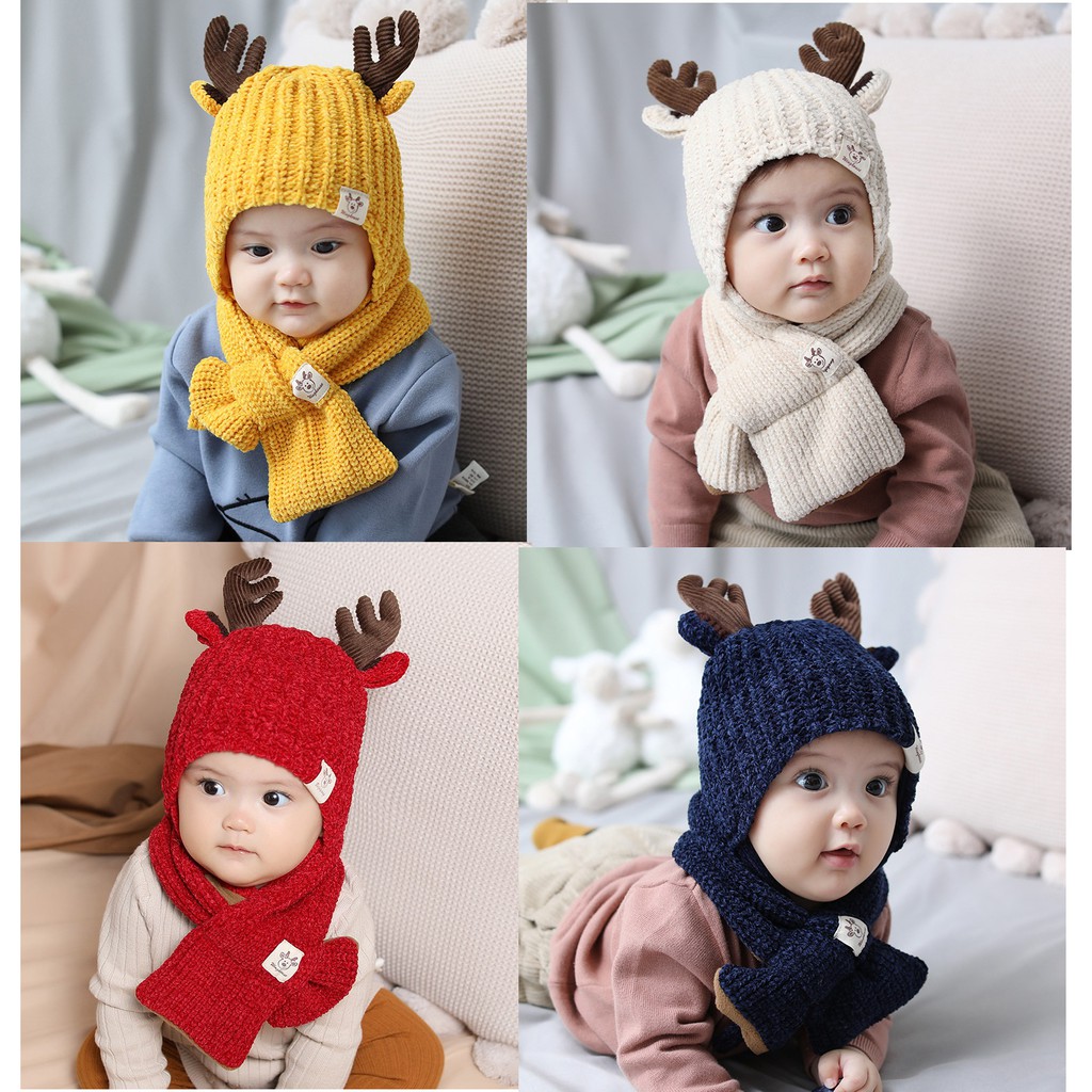 Mũ len con tuần lộc kèm khăn dày 2 lớp cho bé