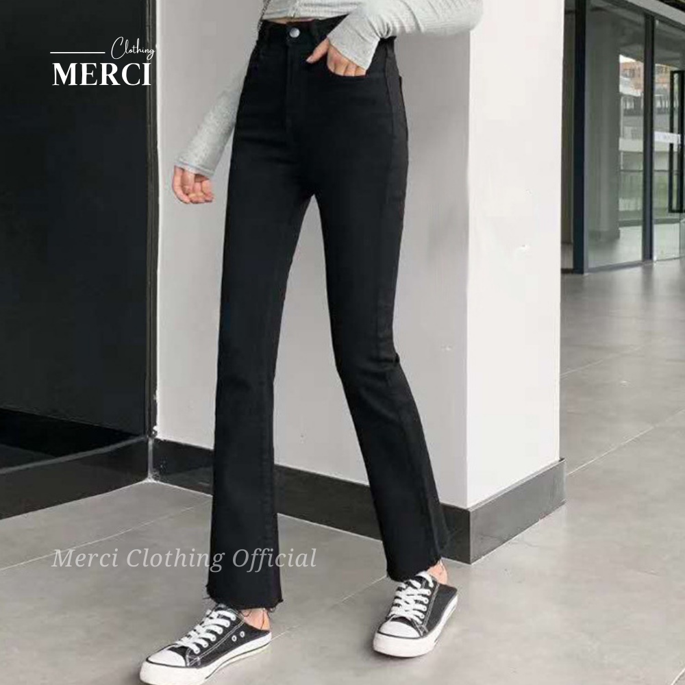 Quần Jean Ống Loe Dáng Dài Cạp Cao Phong Cách Ulzzang Hàn [Cao Cấp] Quần Bò Ống Loe Đen Trơn Co Giãn Thoải Mái Merci Q4V | BigBuy360 - bigbuy360.vn