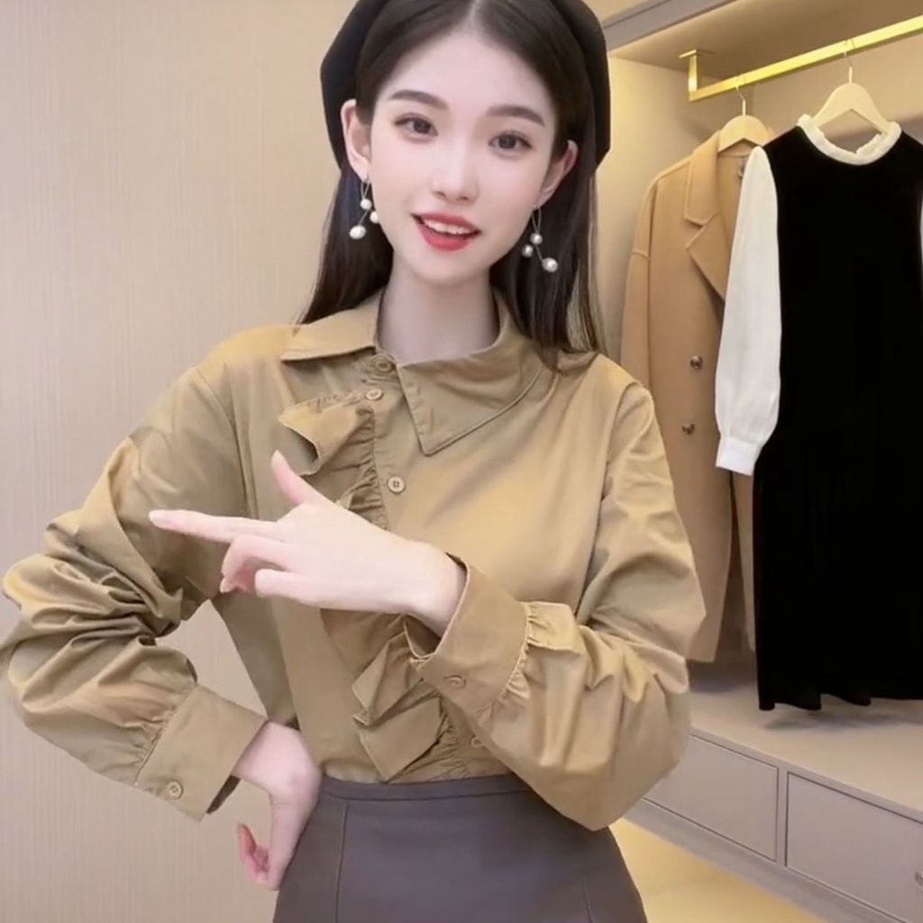 Wu Xiaotong Studio Áo Sơ Mi Mỏng Màu Trơn Cài Nút Ren Sớm Thời Trang Cổ Điển