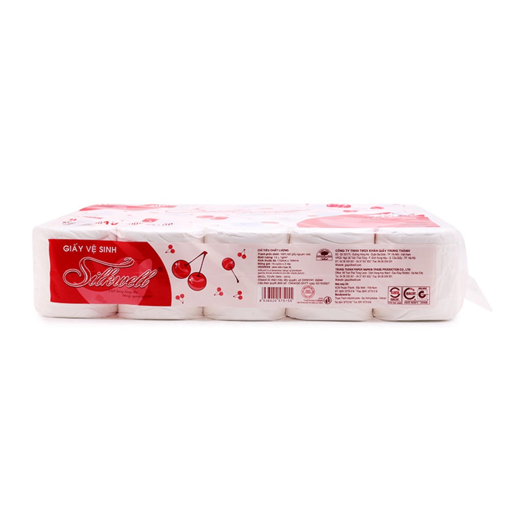 Giấy vệ sinh cao cấp Silkwell Cherry 15 cuộn 3 lớp có lõi, giấy vệ sinh siêu mềm mịn không tẩy trắng hàng chính hãng