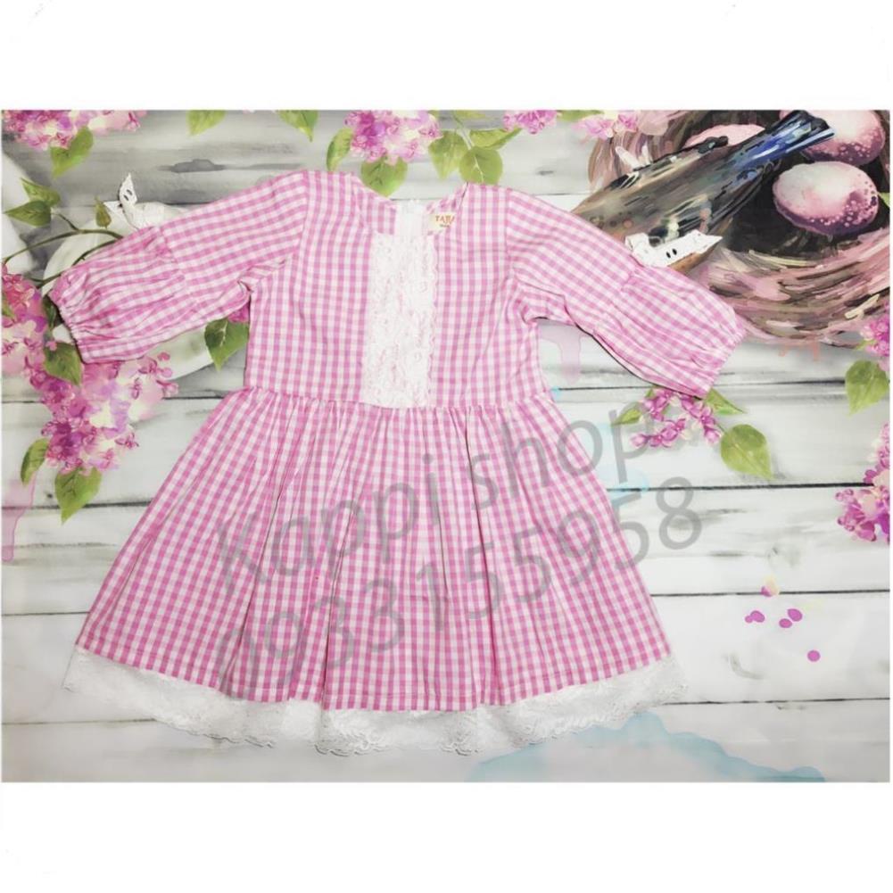 Váy bé gái - thô kẻ phối ren tay phồng - hồng -Haki Kappi shop_đồ cho bé yêu