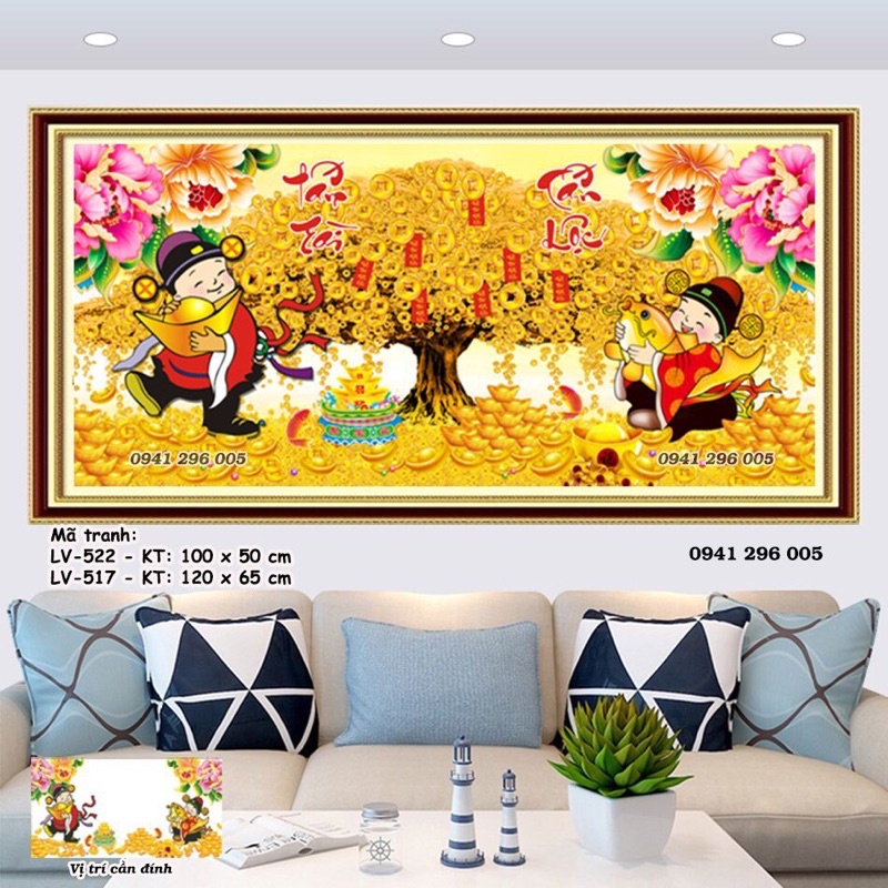 Tranh đính đá Tấn Tài Tài Lộc ( Cây Tiền Thần Tài) LV517, LV522- tranh chưa đính đá