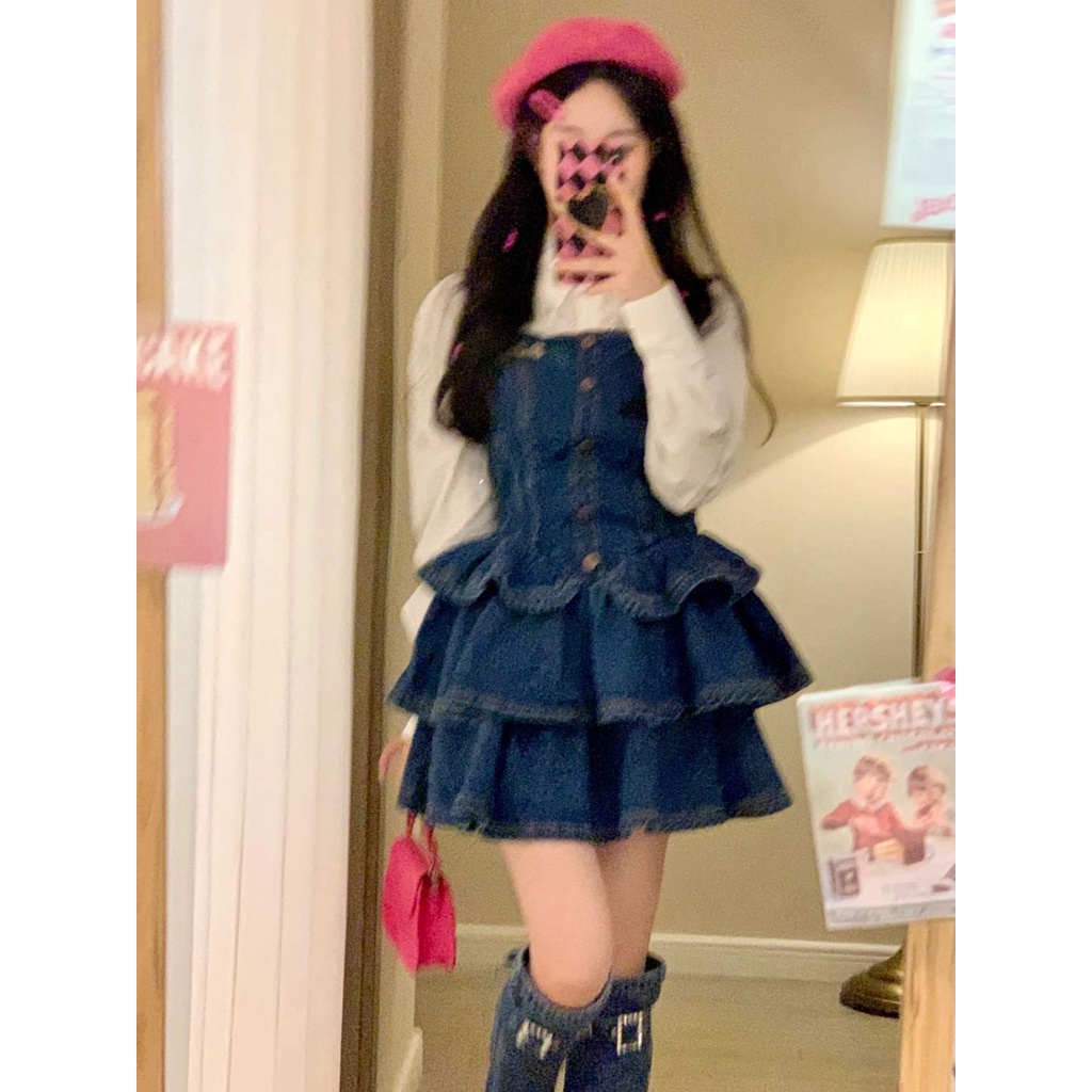 Đầm Denim Thời Trang Hàn Quốc Ngọt Ngào Phong Cách Retro Phương Tây Cho Nữ