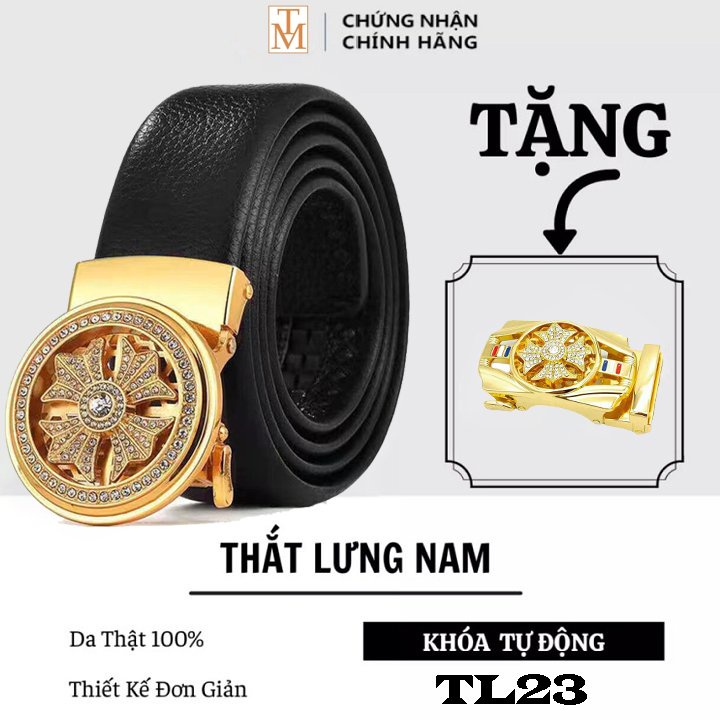 Thắt lưng nam da cao cấp - Tặng kèm 1 mặt - Thiết kế đính đá mặt xoay 360, khóa tự động