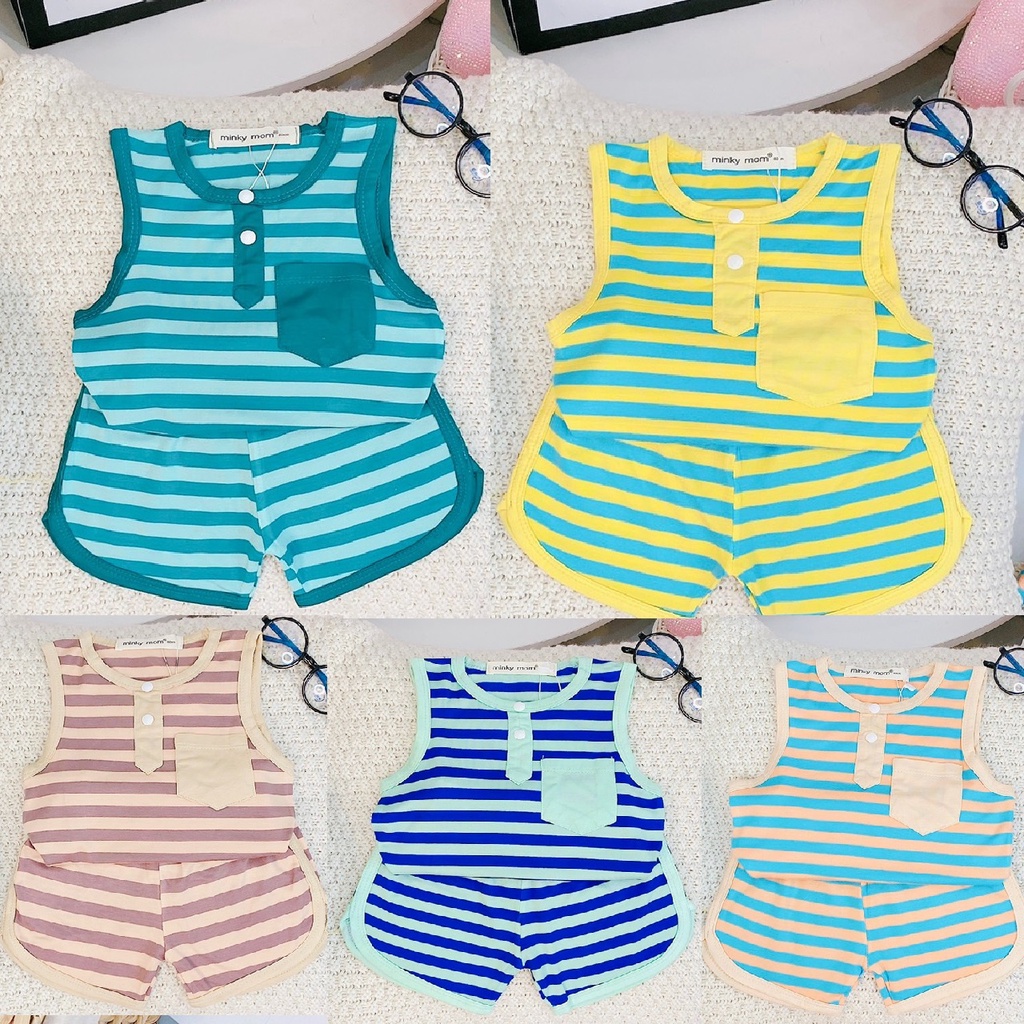 Đồ bộ thun lạnh bé trai gái minky mom size đại ba lỗ, bộ quần áo trẻ em sọc 3 lỗ mặc nhà trẻ em 1 2 3 5 6 7 tuổi BS011