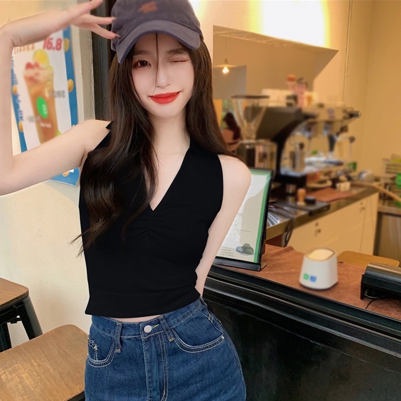 Áo Croptop Dệt Kim Cổ Chữ V Xếp Ly Quyến Rũ Thời Trang Cho Nữ