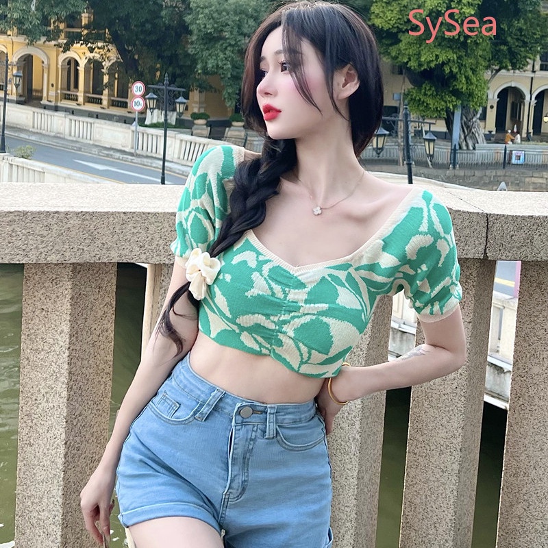 Áo Croptop Dệt Kim Cổ Chữ V Thiết Kế Xếp Ly Thời Trang Mùa Hè Quyến Rũ Cho Nữ