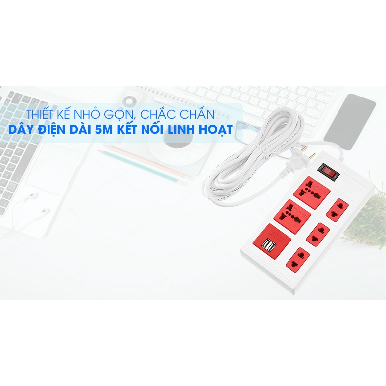 FREESHIPỔ cắm điện Điện Quang 5 lỗ 2 USB 2m, 5m ECO ĐQ ESK 5WR 5ECO 2A