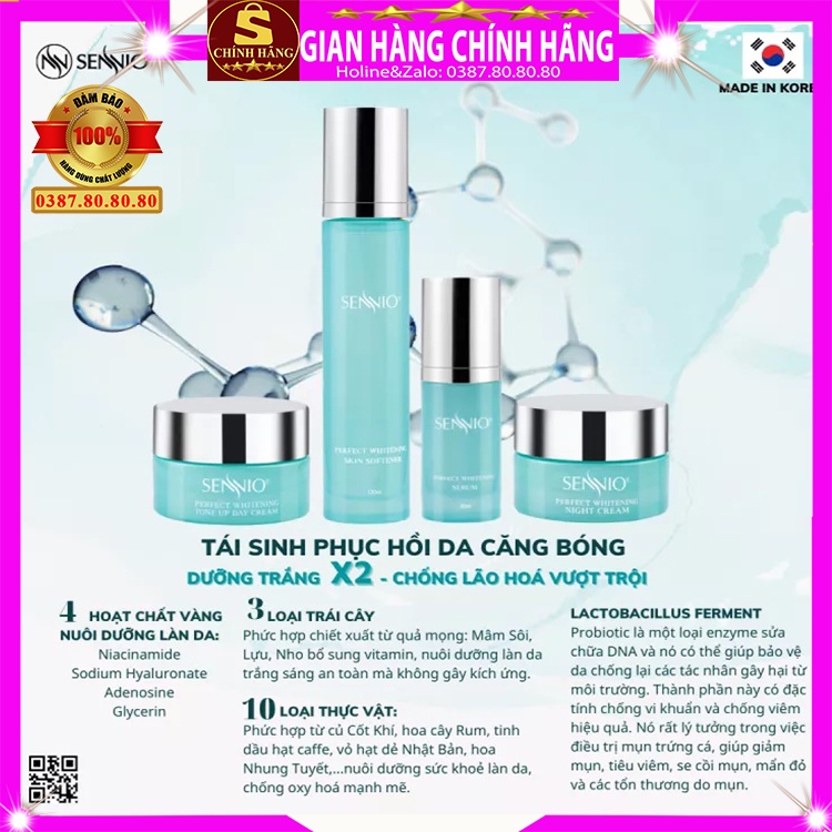 Bộ 4 sản phẩm dưỡng trắng căng bóng da mặt Sennio hàn quốc tái sinh phục hồi da cho da yếu dầu mụn khô nhạy cảm hỗn hợp