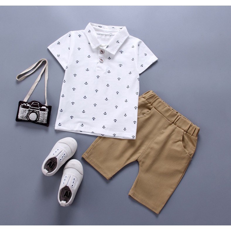 Bộ đồ hai món áo thun polo vải cotton tay ngắn màu trơn phối quần dài thời trang mùa hè dành cho bé (có bán l