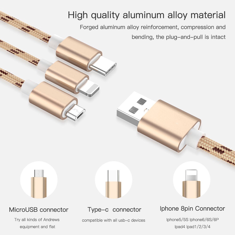 Dây cáp sạc nhanh Remax 3 trong 1 3A Micro USB Type-C chuyên dụng cho iPhone