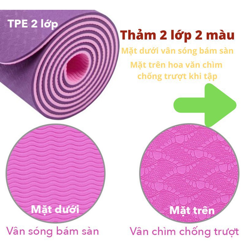 Thảm tập yoga, gym CẬU VÀNG chống trượt cao cấp thể dục tại nhà 2 lớp 10-8mm cao su TPE