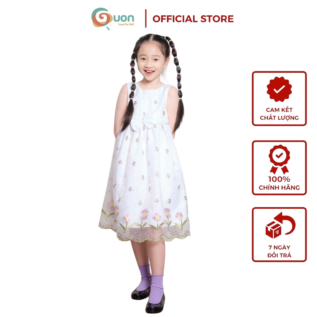 Đầm công chúa GUON Hoa Xuân vải voan Mỹ thêu họa tiết cho bé 3 4 5 6 7 8 9 10 tuổi