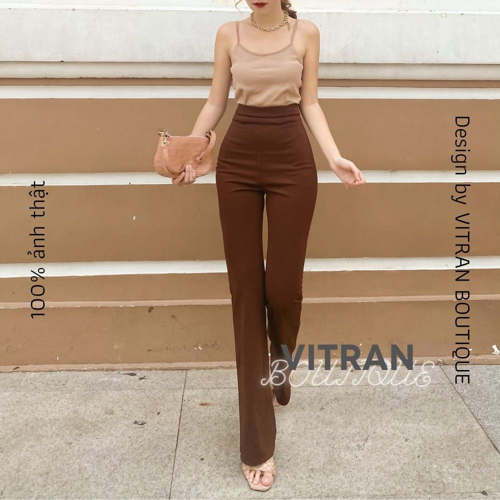 Quần ống loe lưng cao chất thun umi , màu nâu tây