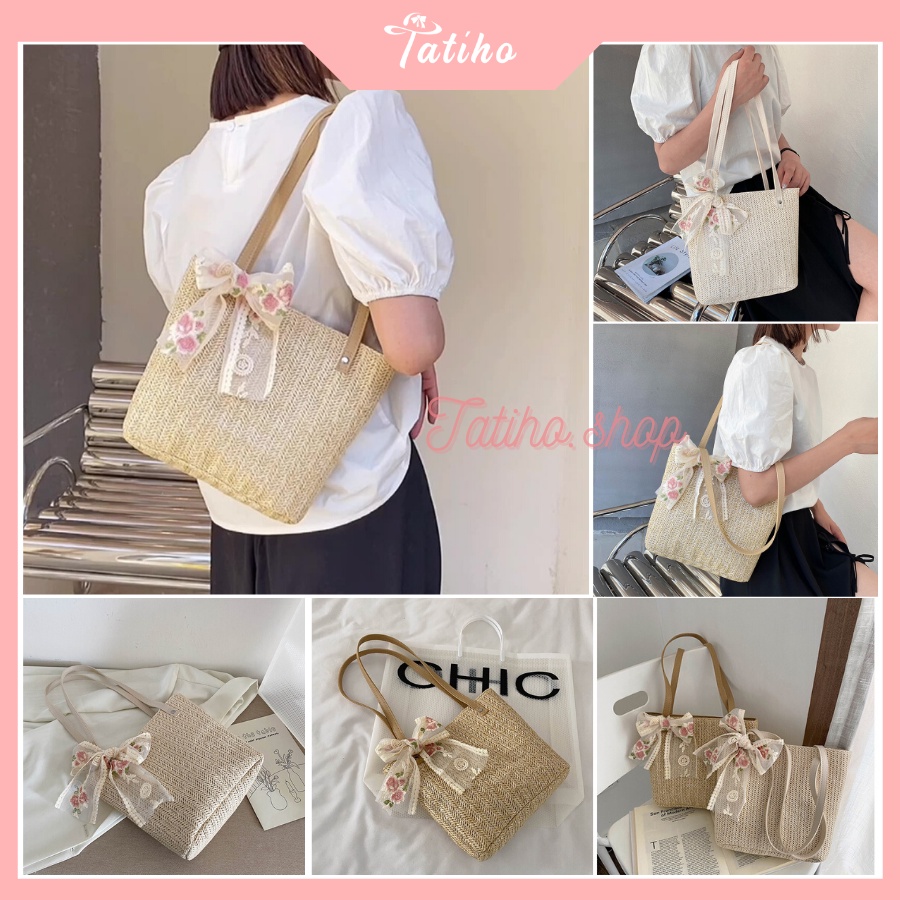 [HÀNG XỊN, GIÁ TỐT] Túi Xách Vintage ( Túi Cối Đi Biển ) Phong Cách Thời Trang Năng Động &amp; Phối Nơ Ren - Mã TUI48