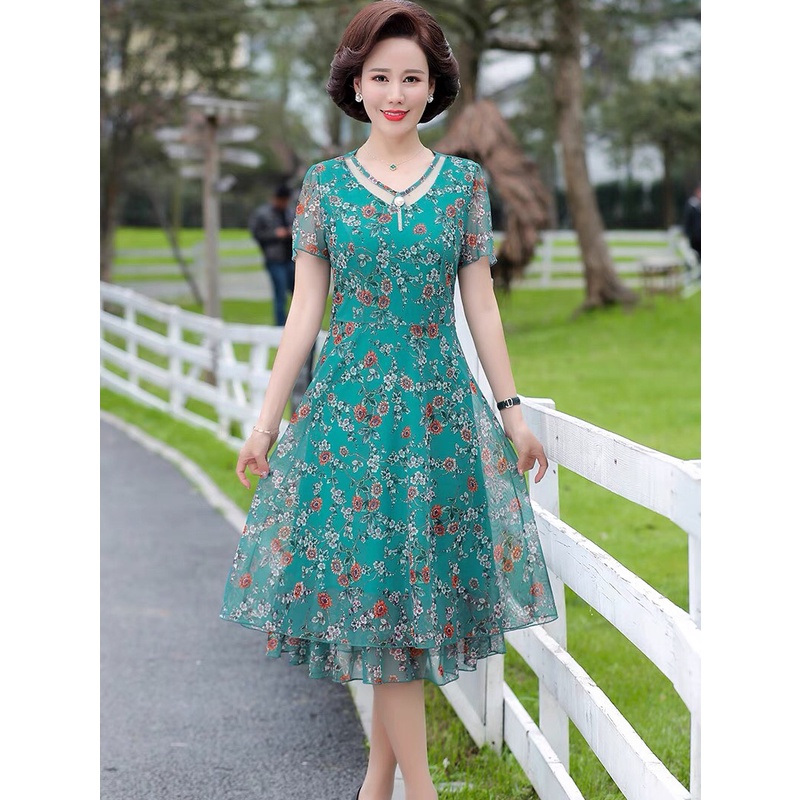 Váy Đầm trung niên nữ cho mẹ phối hoa cao cấp V81b- Áo đầm kiểu thời trang dự tiệc dạ hội đẹp cho người lớn tuổi Bigsize