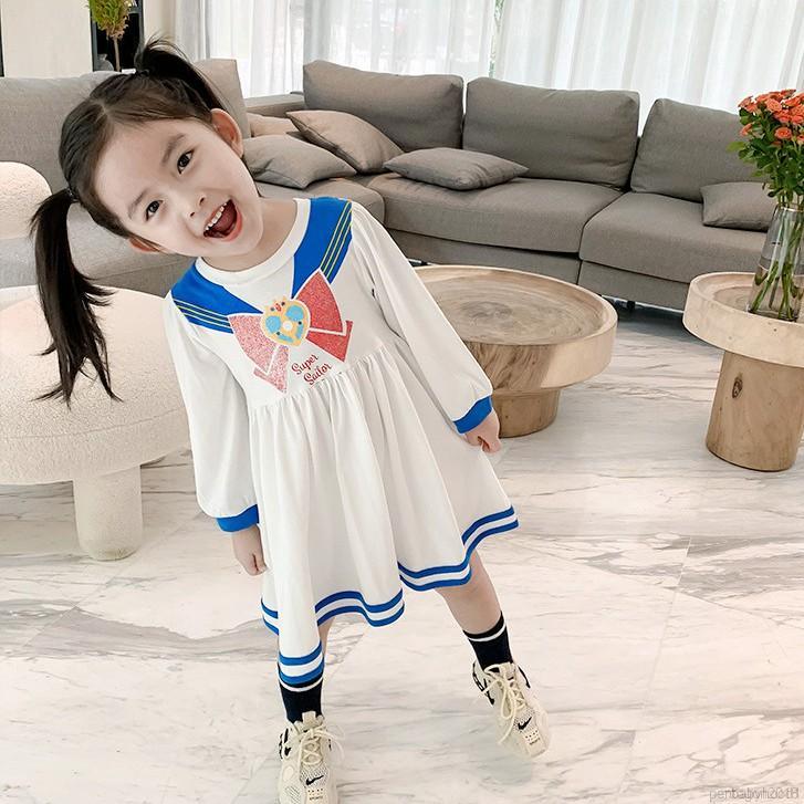 Đầm Cotton Tay Dài Kiểu Thủy Thủ Mặt Trăng Xinh Xắn Cho Bé Gái