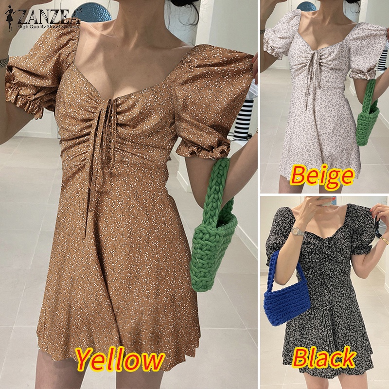 ZANZEA Đầm Tay Phồng Cổ Vuông Phối Dây Rút In Họa Tiết Thời Trang Cho Nữ