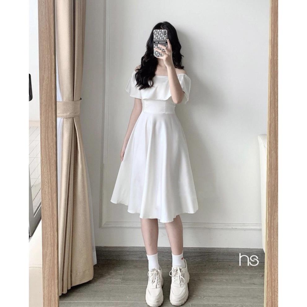 Đầm Trắng Nữ Chun Vai Cổ Vuông , Eo Thun Cộc Tay Chất Đũi Dáng Xòe Q032_Trùm Sỉ Đà Nẵng