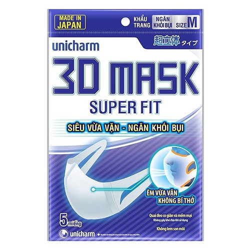 Khẩu trang ngăn khói bụi Unicharm 3D Mask Super Fit size M gói 5 cái | WebRaoVat - webraovat.net.vn