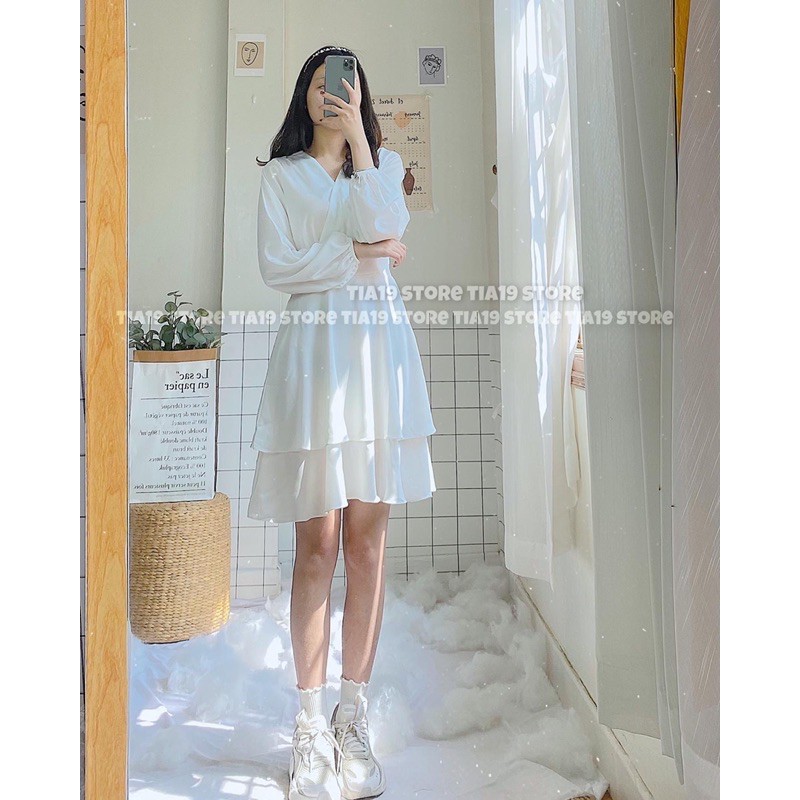 Váy trắng tầng cổ V Tia19 . Đầm trắng tiểu thư dáng xoè ( Ảnh thật) | BigBuy360 - bigbuy360.vn